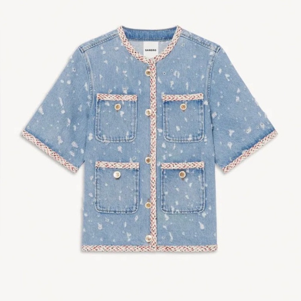 💙🔥💙 Sandro Lorette Braid Trim Distressed Cotton Denim Jacket size 34/ 4-6 US